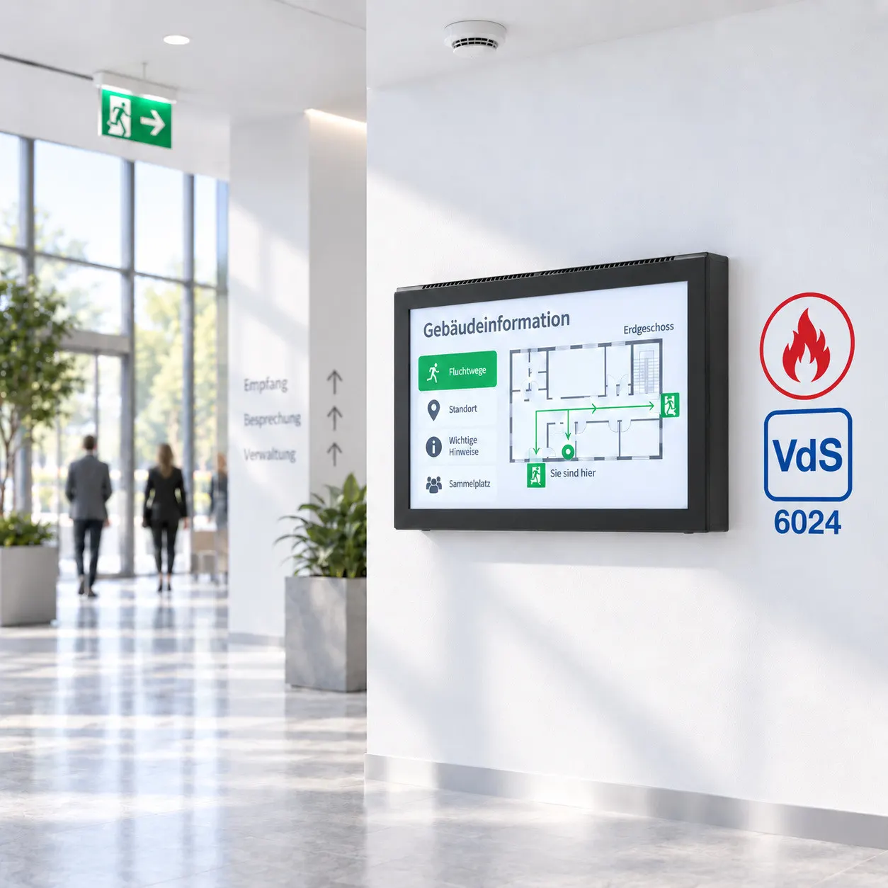 Brandschutz-Monitorgehäuse an einer Flurwand zeigt einen Gebäudeplan mit Fluchtwegen; rechts daneben das rote Flammensymbol und das Prüfzeichen VdS 6024.