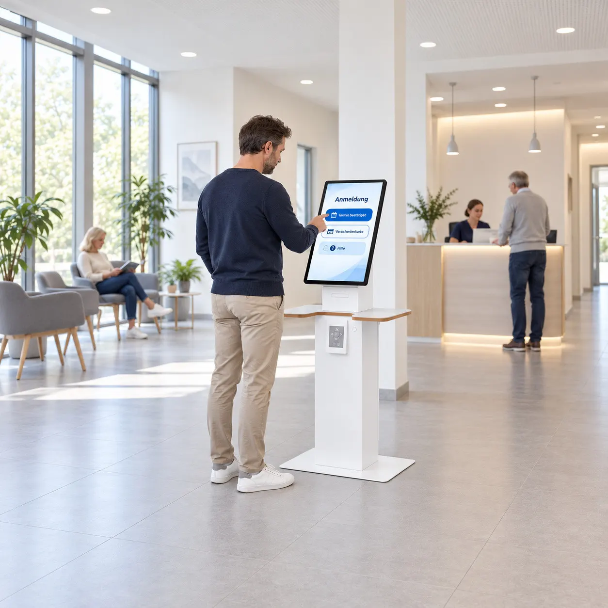 Patient an einem schlanken weißen Self-Service-Terminal im Wartebereich einer Praxis; auf dem Display die Anmeldung mit Terminanmeldung und Versichertenkarte.