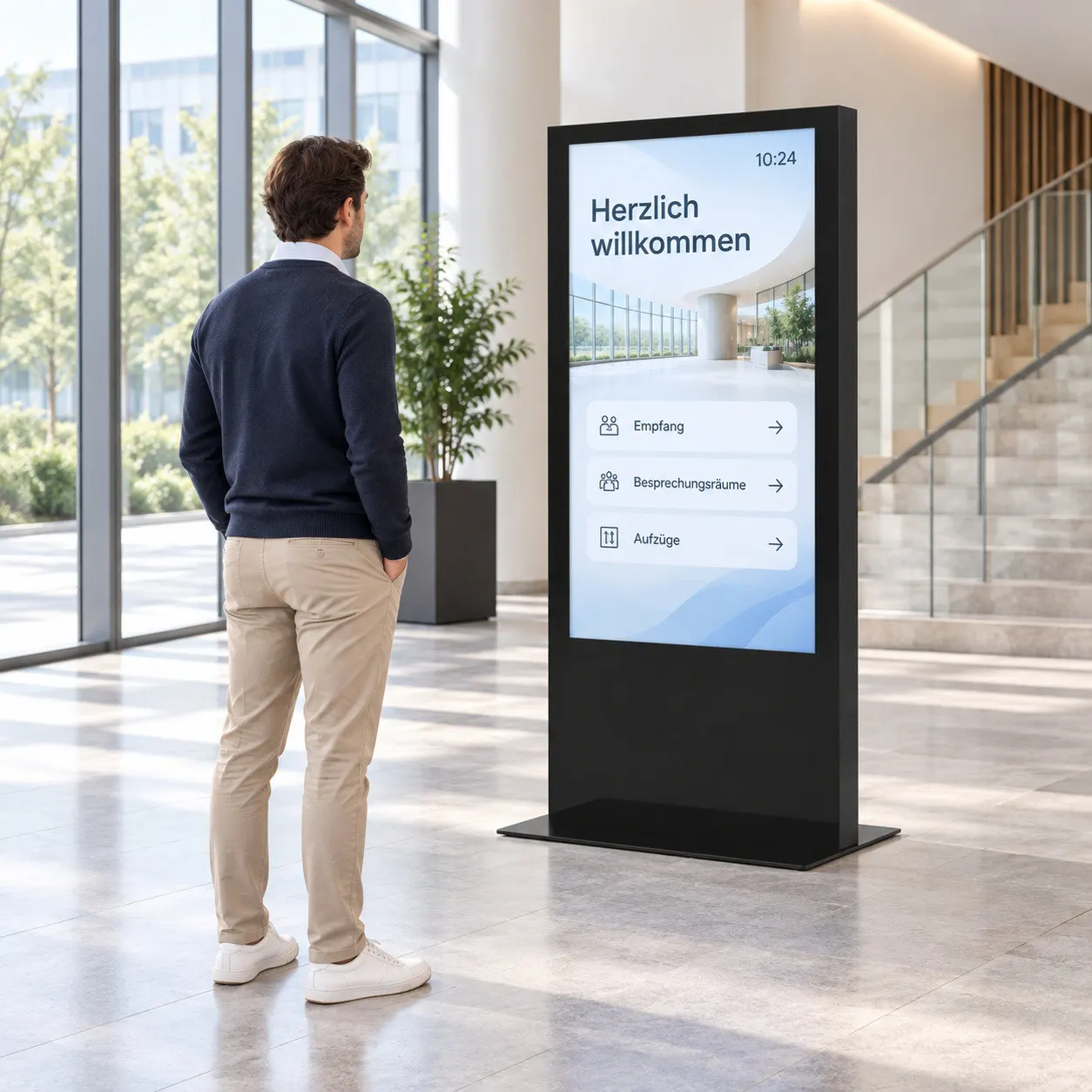 Mann im Foyer vor einer freistehenden Stele im Hochformat; der Touchscreen begrüßt ihn und führt zu Empfang, Besprechungsräumen und Aufzügen.
