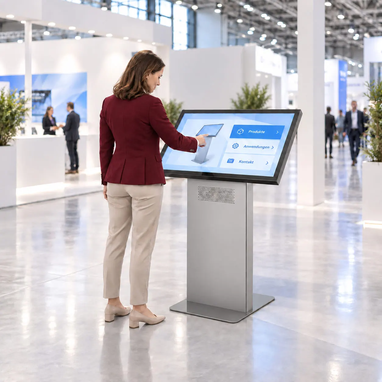 Besucherin an einem Touchpult im Querformat auf einer Messe; sie tippt auf dem Display das Menü mit Produkten, Anwendungen und Kontakt an.